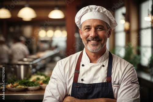 Smiling old male chef wearing chef's hat standing in restaurant kitchen