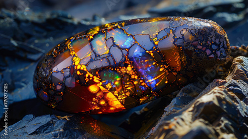 A captivating oval opal gleams with fiery colors contrasting against the dark rock textures surrounding it photo