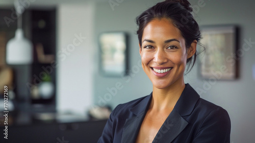 A vibrant, professional portrait of a businesswoman in her office, her smile bright and welcoming, 
