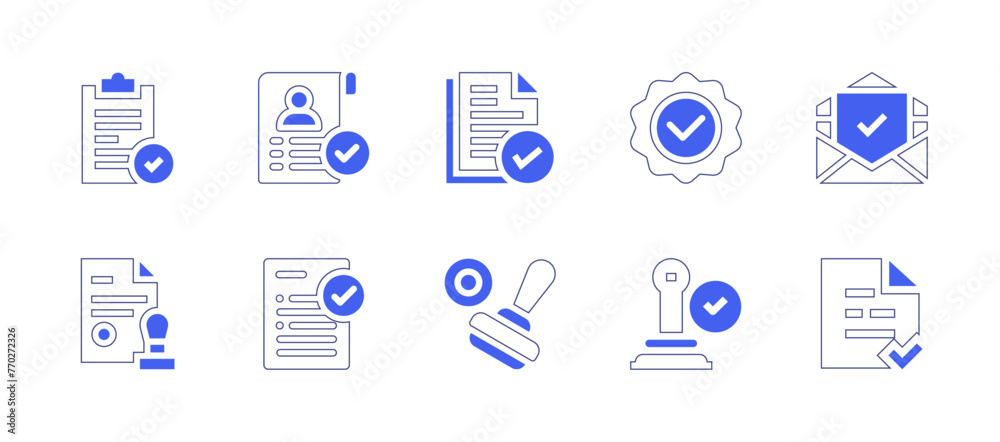 Approval icon set. Duotone style line stroke and bold. Vector illustration. Containing quality, exam, check, approved, approve, stamp, email, paper.