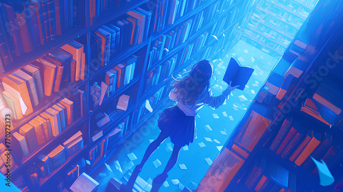 anime girl idol is picking up a book in the library photo