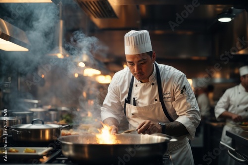 Male chef cooking in restaurant kitchen preparing customer s dish