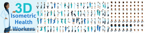 Large set of isometric, 3D Health workers, medical staff, nurses, doctors. Kit Emotions for characters