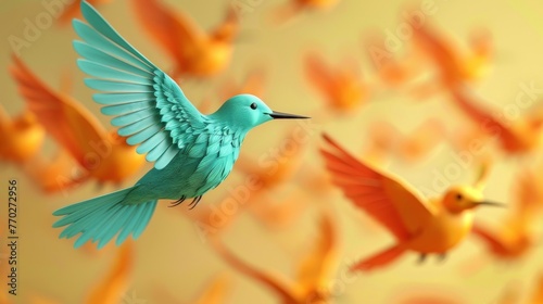3D render of a turquoise bird flying in a different direction than orange birds, isolated background