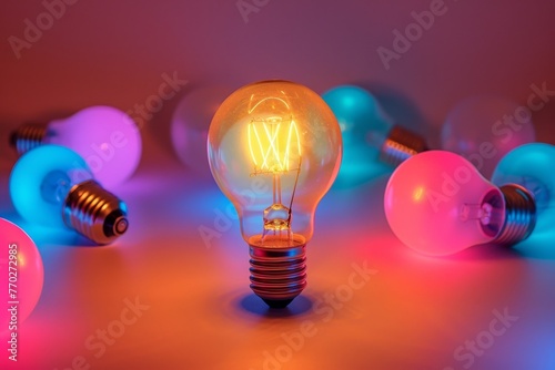 A lightbulb glowing a different color in a group of dimmer bulbs on a clean, isolated background, symbolizing innovative leadership