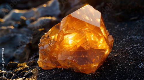 An orange crystal casts twinkling lights, contrasting with the dark, gritty shore where it rests