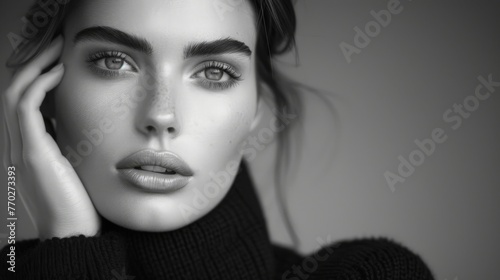 sensible studio portrait of a beautiful woman wearing a black turtle neck with one hand on her cheek in black and white
