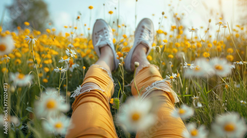 Girl's Legs Lying on Blossoming Field photo