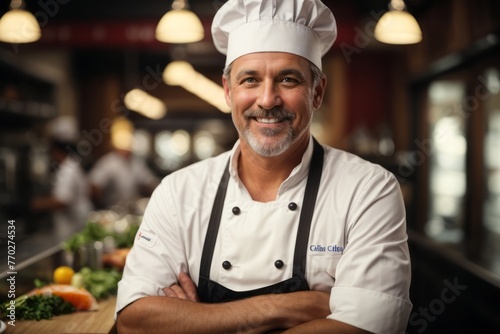 Smiling old male chef wearing chef's hat standing in restaurant kitchen