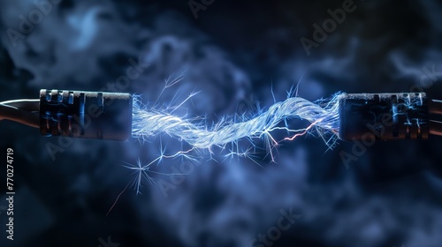 Dynamic image showing a powerful electric arc streaming between two metal cables with a dark, smokey background. photo