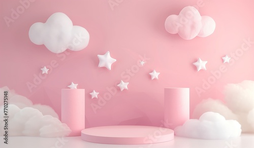 Fantasy scene with white clouds and stars on a dreamy light pink background