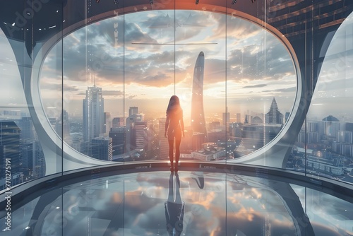 Businesswoman standing in a futuristic cityscape with a panoramic view of a corporate headquarters at sunset