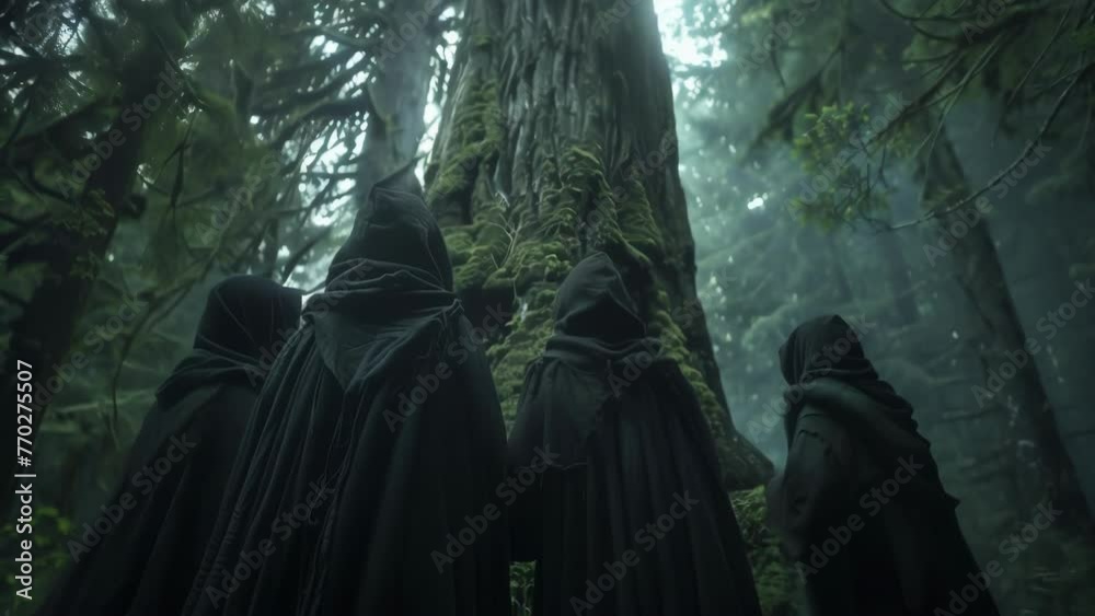 A group of hooded figures stands together their backs to the camera as they face a huge ancient tree. In the stillness of the forest . . A group of hooded figures stands together their backs to the camera as they face a huge ancient tree. In the stillness of the forest . .