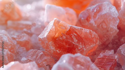 A detailed view of pink Himalayan salt crystals with a warm, glowing light emanating from within