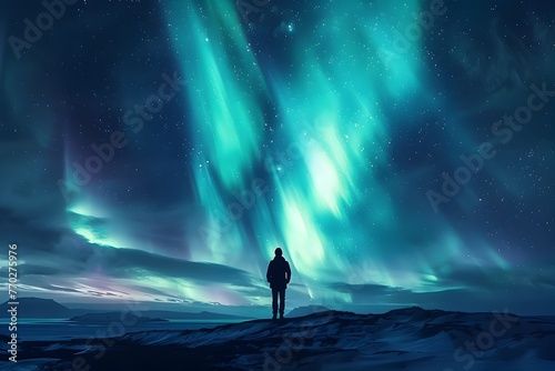 Dynamic Silhouetted Figure Gazing at the Mesmerizing Aurora Borealis over a Dramatic Mountainous Landscape at Dusk