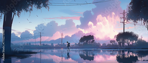 anime scene of a man walking on a flooded road with a pink sky photo