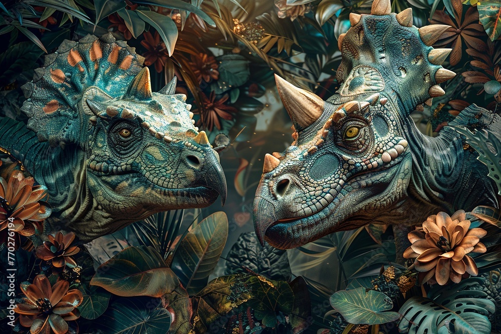 A wallpaper featuring dinosaurs and lush jungle foliage for a prehistoric party