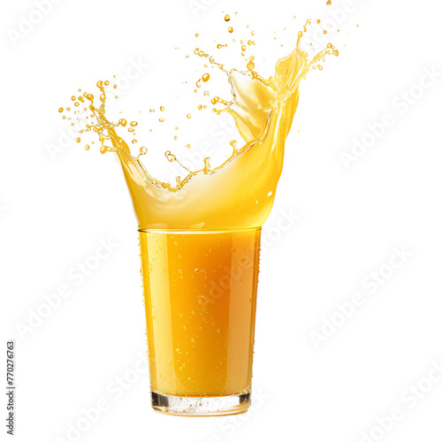 Orange, Mango , yellow fruit juice splashing out from glass , water drops on glass in white background