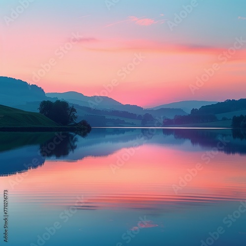 A serene landscape with rolling hills and a calm lake reflecting the colors of the sunset © Pairat