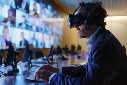 Businessman attending a virtual reality meeting from anywhere in the world photo