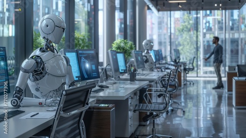 A high-tech office featuring a humanoid robot worker typing at a computer, illustrating the integration of advanced AI and robotics into modern workplaces and their potential impact on the future of e