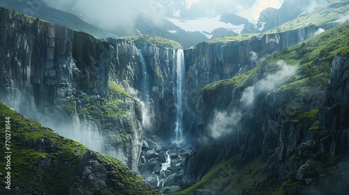 A majestic waterfall cascading down a fault line in the earth, creating a dramatic scene of beauty and imperfection