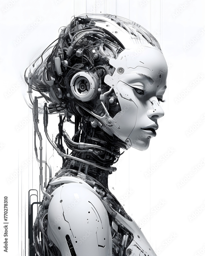 black and white drawing, depicting a woman adorned in a futuristic robotic suit. Crafted with the assistance of cutting-edge artificial intelligence technology (AI) black and white drawing, depicting a woman adorned in a futuristic robotic suit. Crafted with the assistance of cutting-edge artificial intelligence technology (AI)