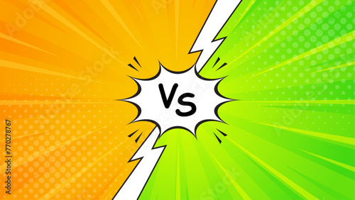 Versus VS pop art comic sunburst effect background with halftone. Bright orange and green abstract background. Suitable for templates, sales banners, events, ads, web, and pages