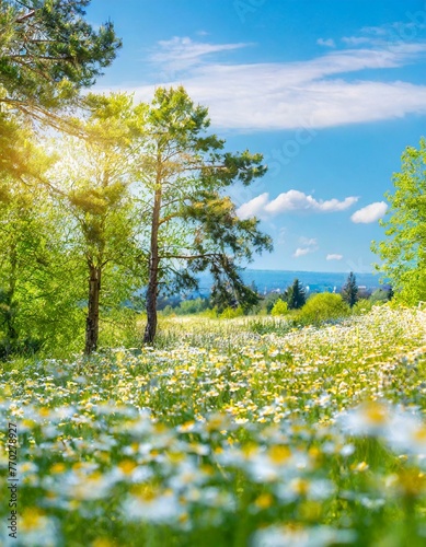 Beautiful blurred spring background nature with blooming glade chamomile, trees and blue sky on a sunny day, Ai Generate