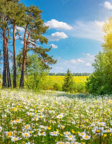 Beautiful blurred spring background nature with blooming glade chamomile, trees and blue sky on a sunny day, Ai Generate