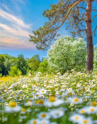 Beautiful blurred spring background nature with blooming glade chamomile, trees and blue sky on a sunny day, Ai Generate