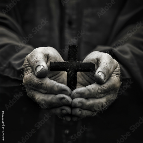 Christian cross held by two hands