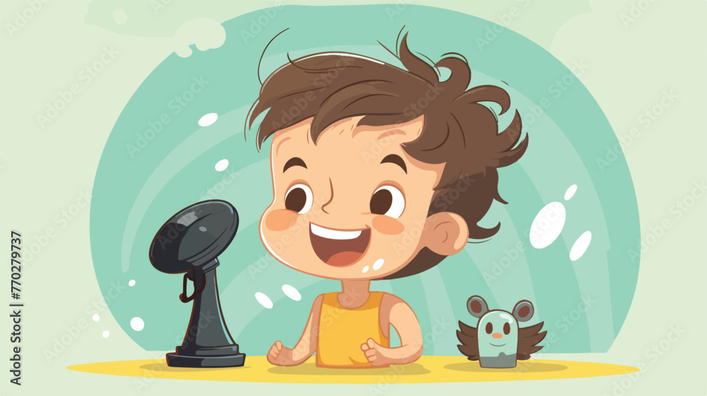 Smiling Little Boy Drying His Hair with Blow Dryer