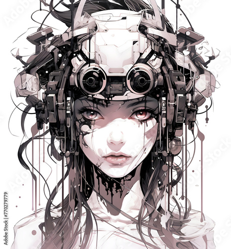 black and white drawing, depicting a woman adorned in a futuristic robotic suit. Crafted with the assistance of cutting-edge artificial intelligence technology (AI)