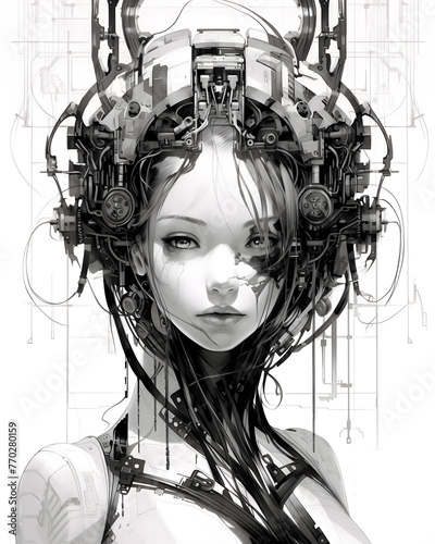 black and white drawing, depicting a woman adorned in a futuristic robotic suit. Crafted with the assistance of cutting-edge artificial intelligence technology (AI)