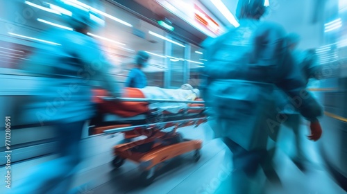 Motion blurred image of medical staff rushing a patient on a stretcher through a hospital corridor, depicting urgency and healthcare action.