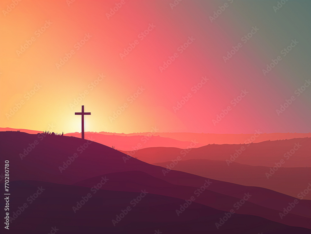 해돋이 언덕에 있는 기독교 십자가에서 영감을 얻은 2D 일러스트레이션.