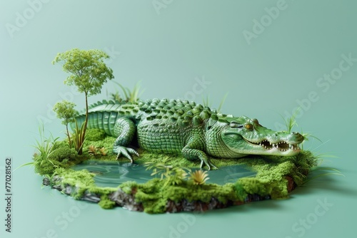 A crocodile is laying on a patch of grass in a pond photo