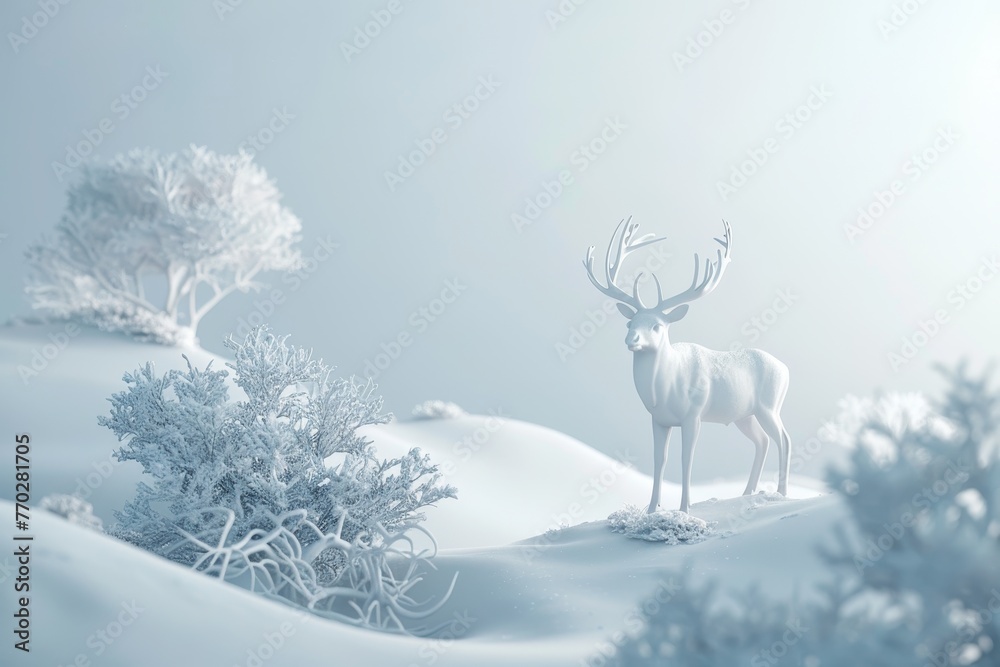 A white deer stands in the snow on a hill A white deer stands in the snow on a hill