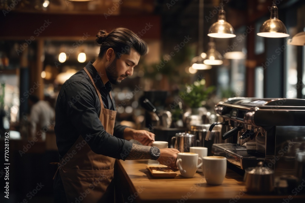 Male barista preparing coffee in cafe for customers