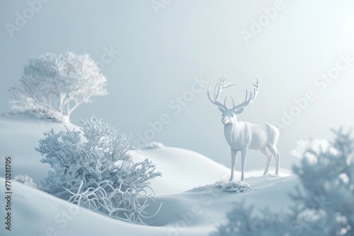 A white deer stands in the snow on a hill