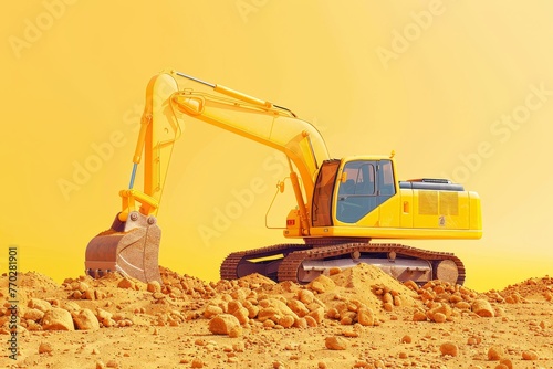 A yellow excavator is digging into a pile of dirt