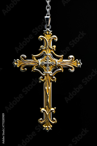 길고 슬림한 황금 십자가, 단조, 은색 장식품, 검은색 배경.
