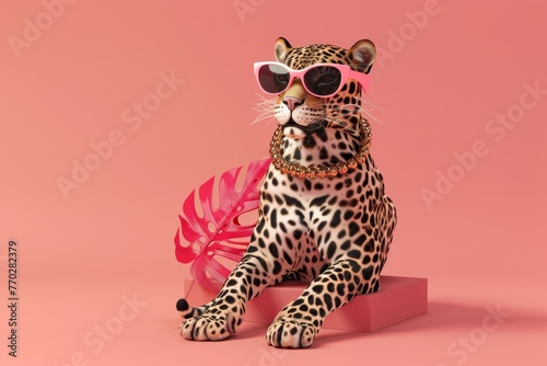 A leopard wearing sunglasses is laying on a surface © toonsteb