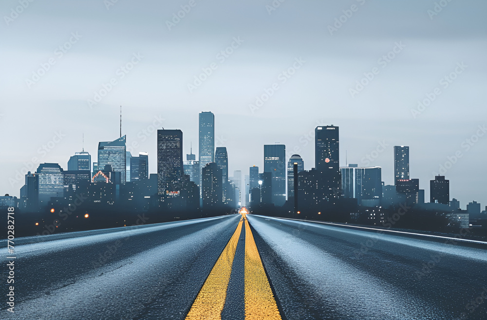Naklejka premium Generative AI empty asphalt road with city skyline
