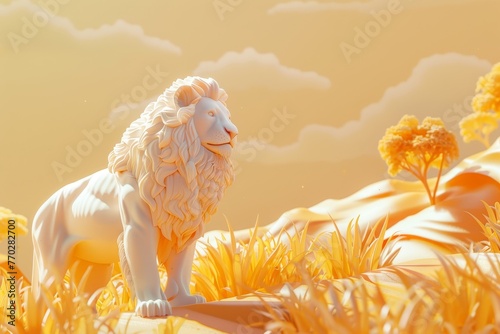 A white lion stands in a field of yellow grass
