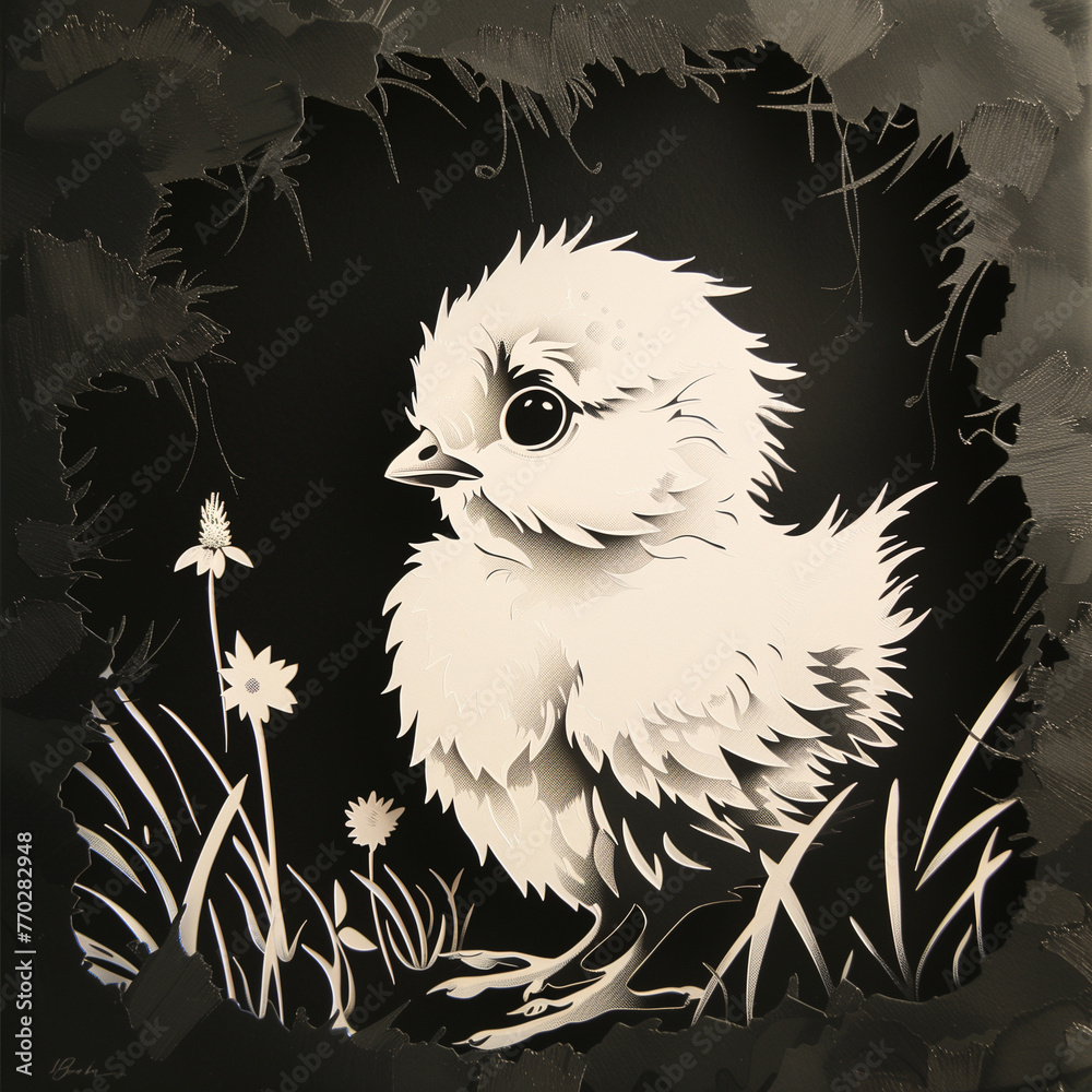 Paper cut white chick on black background - obrazy, fototapety, plakaty 