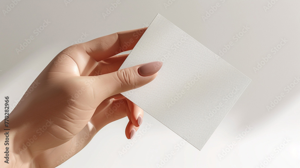 A photorealistic 3D illustration capturing a close-up of a woman's hand, with polished nails, extending a textured, empty business card towards the viewer. 