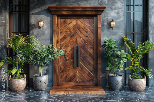 3d rendering of double door with wood frame and dark brown color. Created with Ai