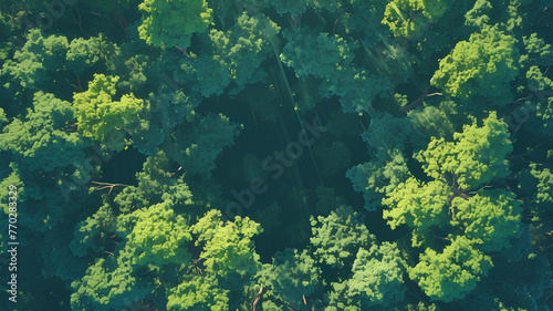 top view of forest  daytime sunlight  anime style background